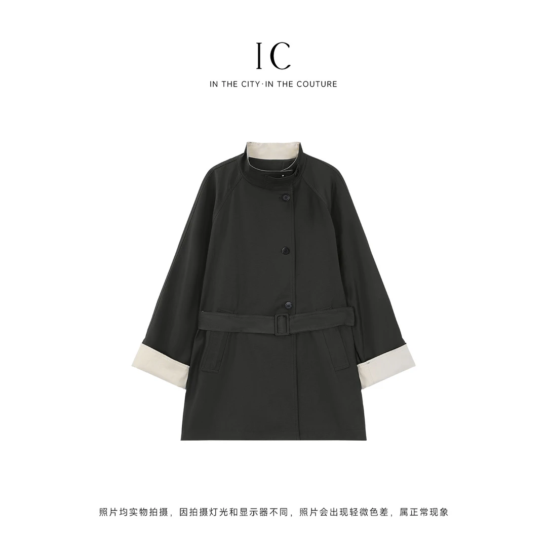 IC2025年秋季长款褶皱风宽松型中长款秋季风衣百搭黑色气质