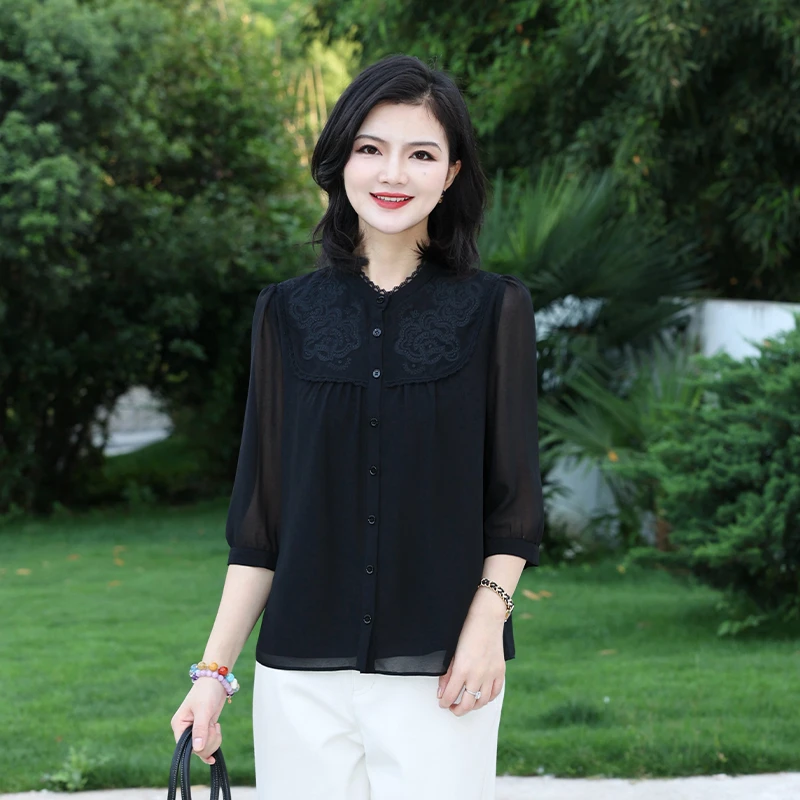 枫竺阿楠anan 蕾丝拼接刺绣七分袖衬衫女夏季新款通勤百搭上衣