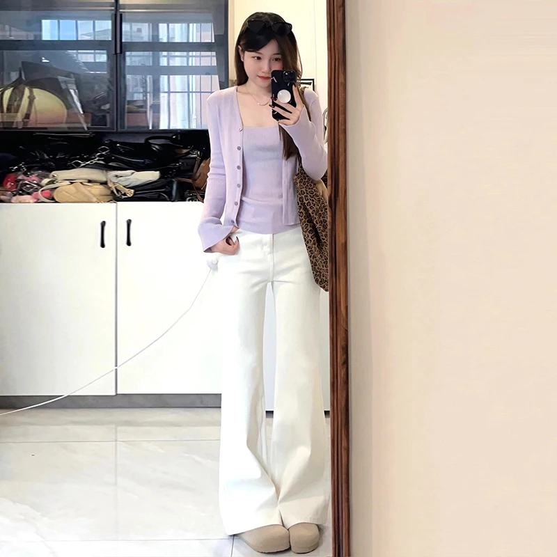 白色高腰微喇牛仔裤女春秋2025新款美式辣妹小个子显瘦马蹄喇叭裤