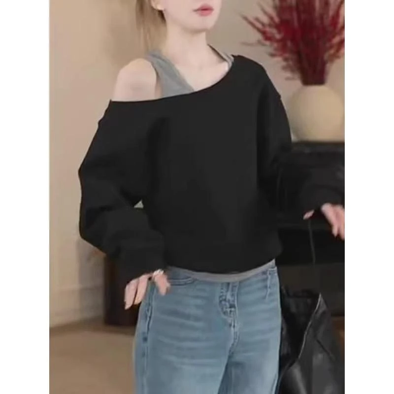 2025春季新时尚设计感撞色背心圆领套头卫衣女假两件时髦上衣休闲