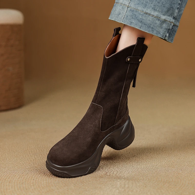 8cm美拉德靴子女短靴坡跟厚底西部牛仔靴磨砂皮圆头中筒骑士靴冬