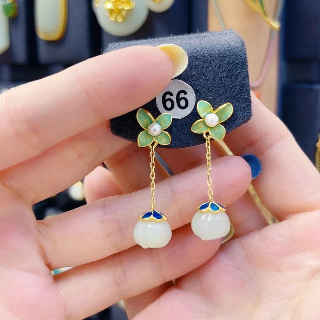 和田玉银S925镀金镶嵌耳饰