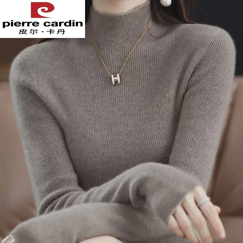 皮尔卡丹100%纯羊毛衫女士秋冬季半高领内搭毛衣修身针织羊绒打底