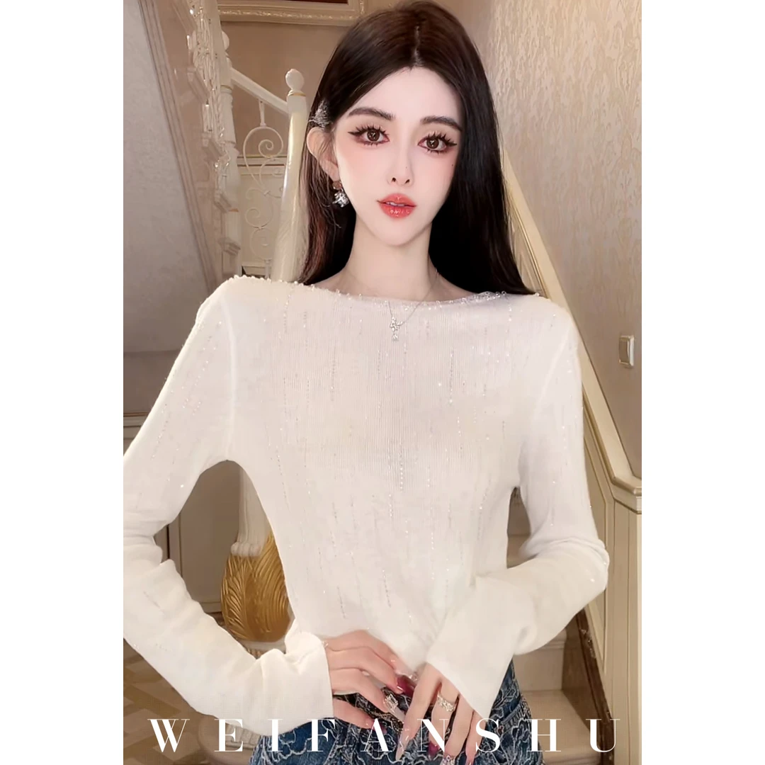 WEIFANSHU/魏凡舒【奇妙星光】秋冬新款设计感烫钻修身百搭内搭上衣