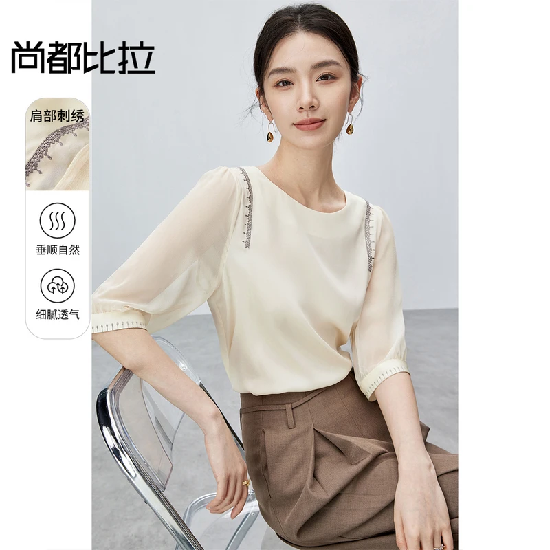 尚都比拉春夏季微透五分袖套头衬衫刺绣舒适圆领雪纺衫55557