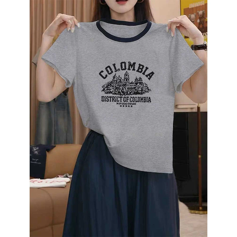 正肩撞色圆领短袖t恤女夏季2025新款设计感时尚洋气百搭休闲上衣