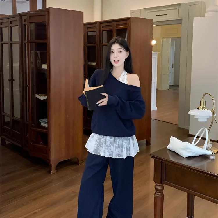 卫衣棉睡衣女春秋蕾丝拼接斜肩假两件新款休闲裤套装家居服可外穿