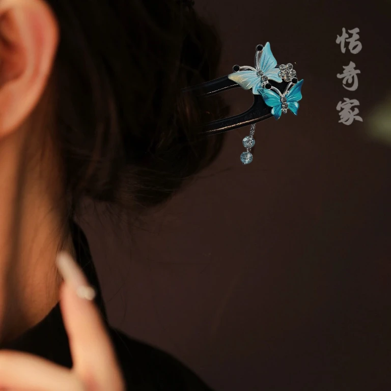 恬奇家a747“蓝色蝴蝶”冰透感u型木质发钗发簪手工日常气质超仙