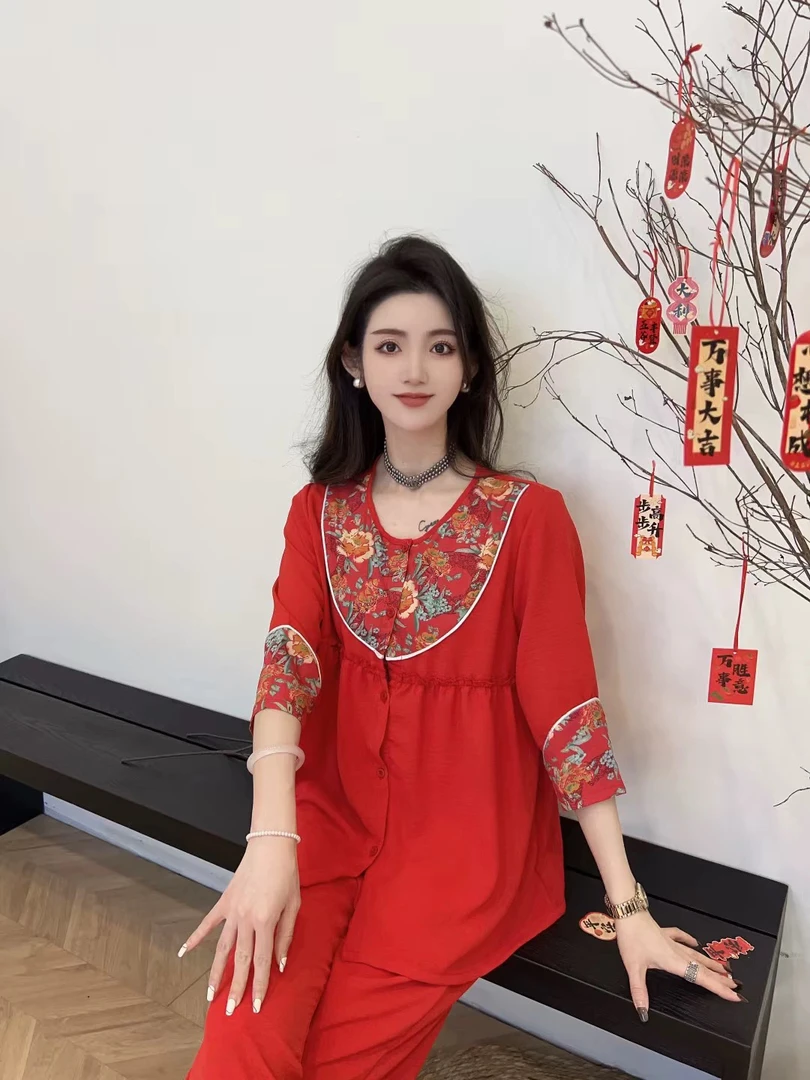 2025女大码睡衣本命年大红民族风新中式八九分袖家居服套