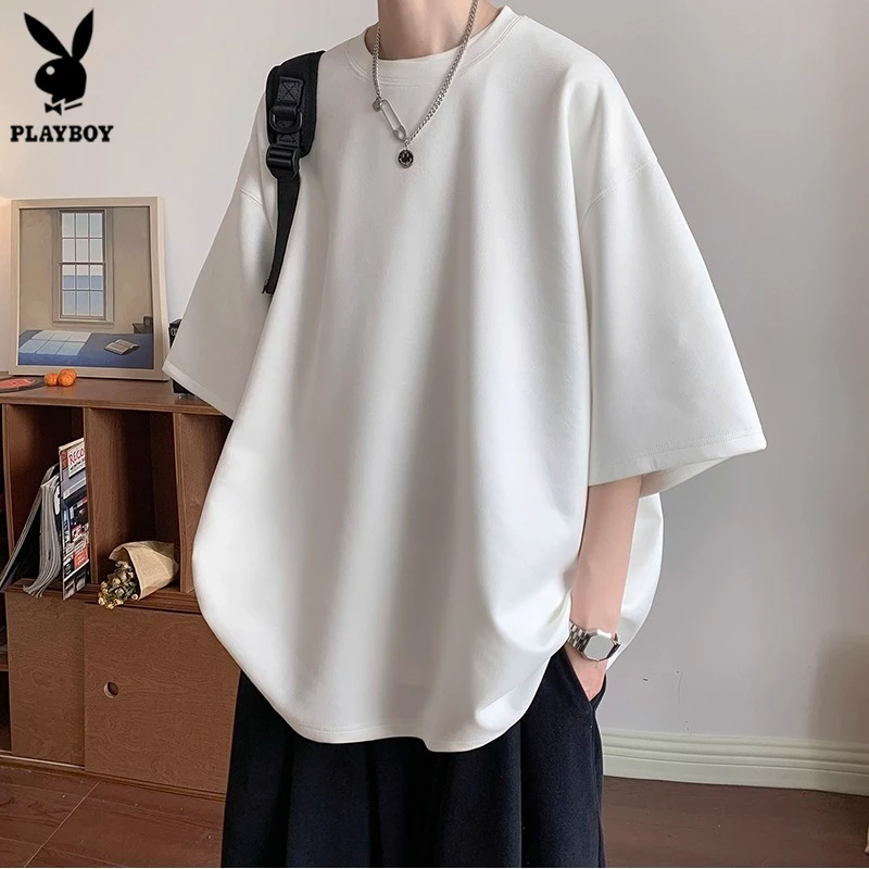 花花公子重磅麂皮绒短袖t恤夏季情侣复古潮牌高级感宽松半袖上衣