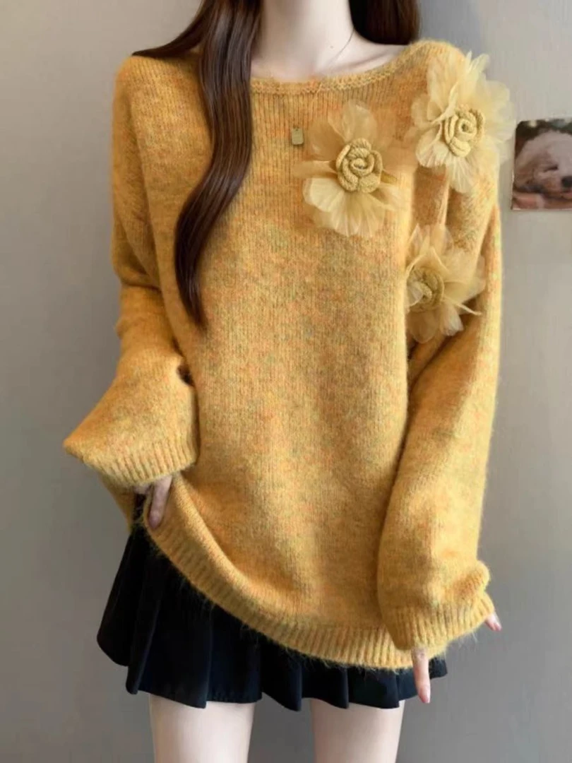 三朵花毛衣女针织长袖常规法式花朵毛针织衫紫色套头百搭上衣女