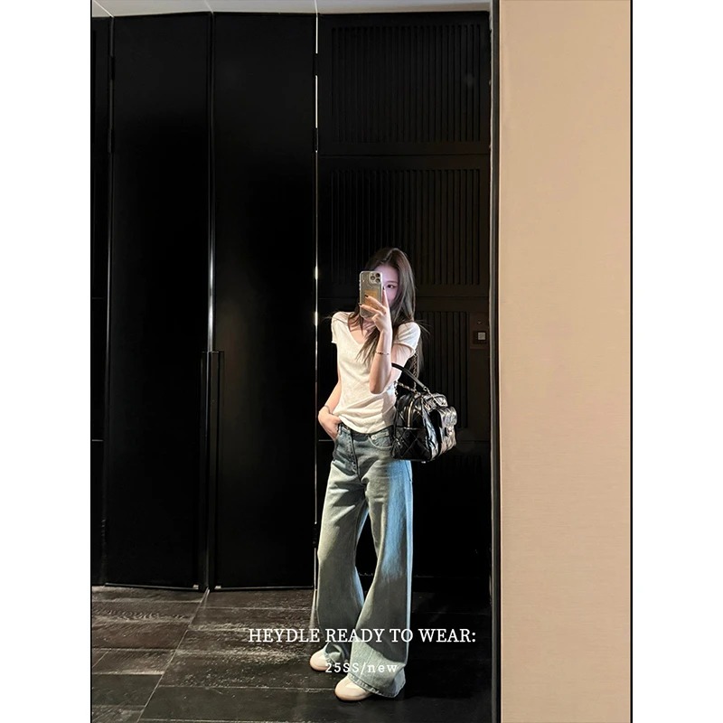 黑豆哼哼 蓝调布鲁斯*复古蓝色微喇牛仔裤女春装百搭宽松直筒裤子