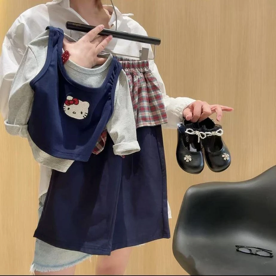 女童秋季新款时尚百搭休闲韩版时髦吊带打底长袖真两件阔腿裤套装