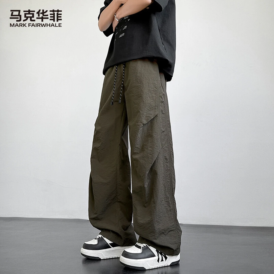 马克华菲夏季轻薄褶皱休闲裤宽松休闲纯色阔腿裤时尚百搭男生长裤