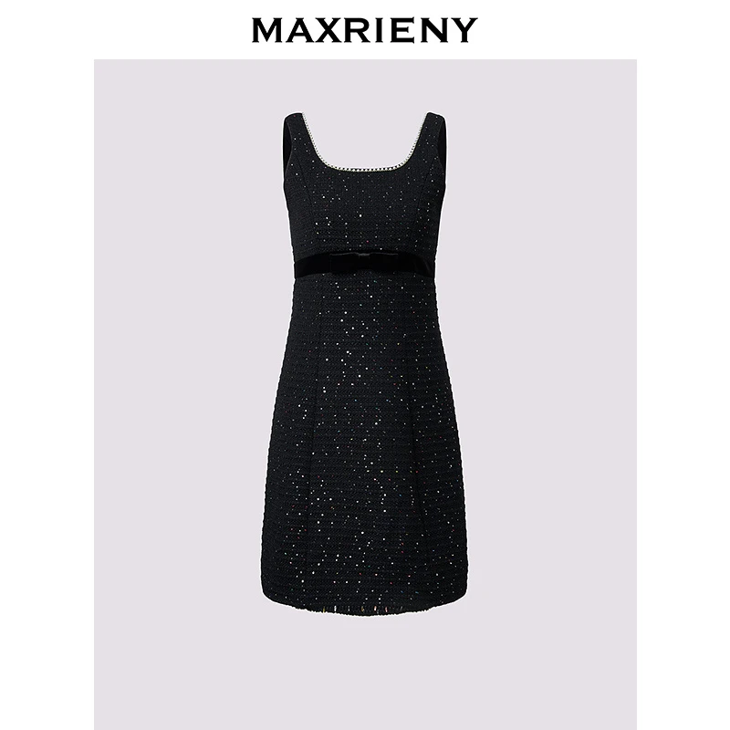 【蜜思仝】MAXRIENY2025秋冬背心黑色细闪连衣裙礼服裙
