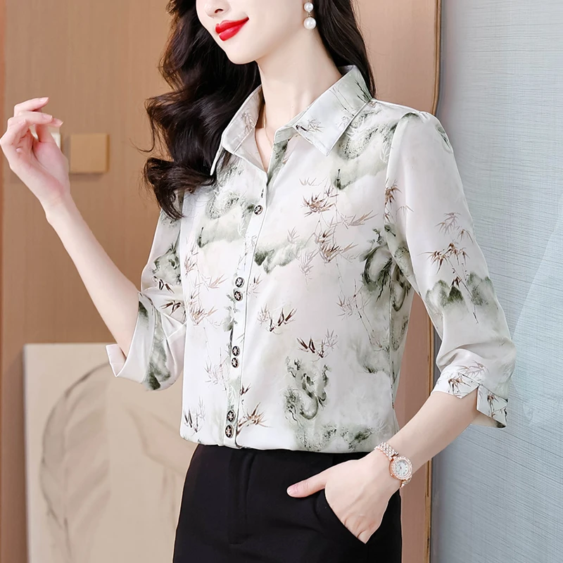 七分袖碎花雪纺衬衫女2025夏季新款宽松显瘦遮肚气质小衫上衣