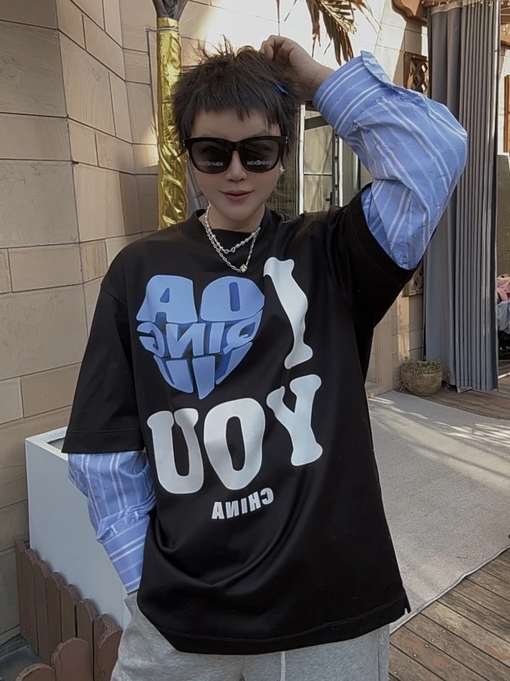 【济州岛】DAQINGLIU 衬衫袖拼接圆领短款卫衣