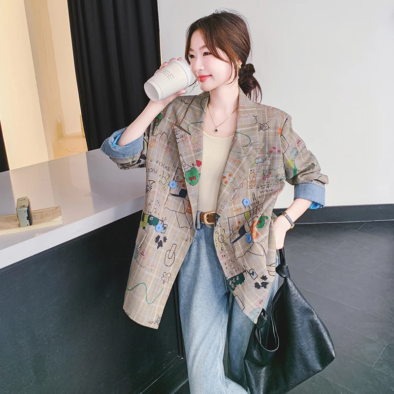 韩系复古格子涂鸦印花西装外套女2025春秋新款设计感独特宽松西服