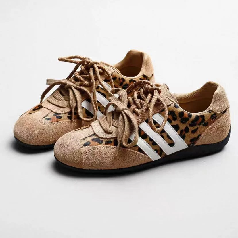 C9591  豹纹  时尚真皮德训鞋2025新款系带女休闲鞋