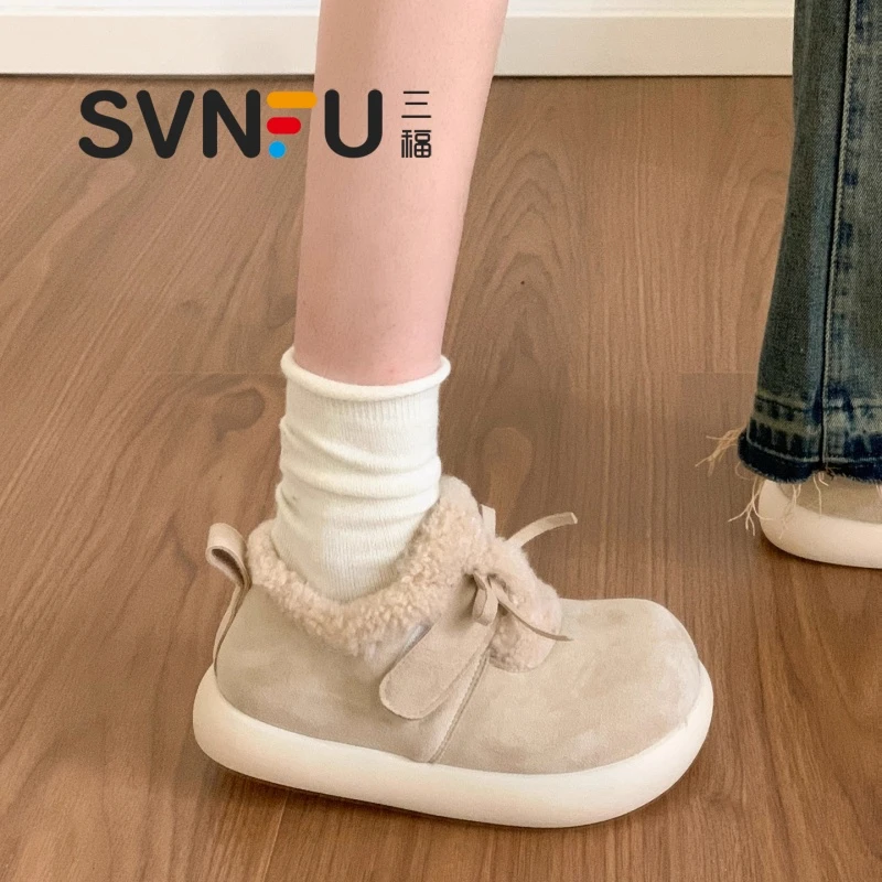 三福厚底增高甜美蝴蝶结棉鞋女2025新款冬季加绒加厚保暖勃肯鞋子