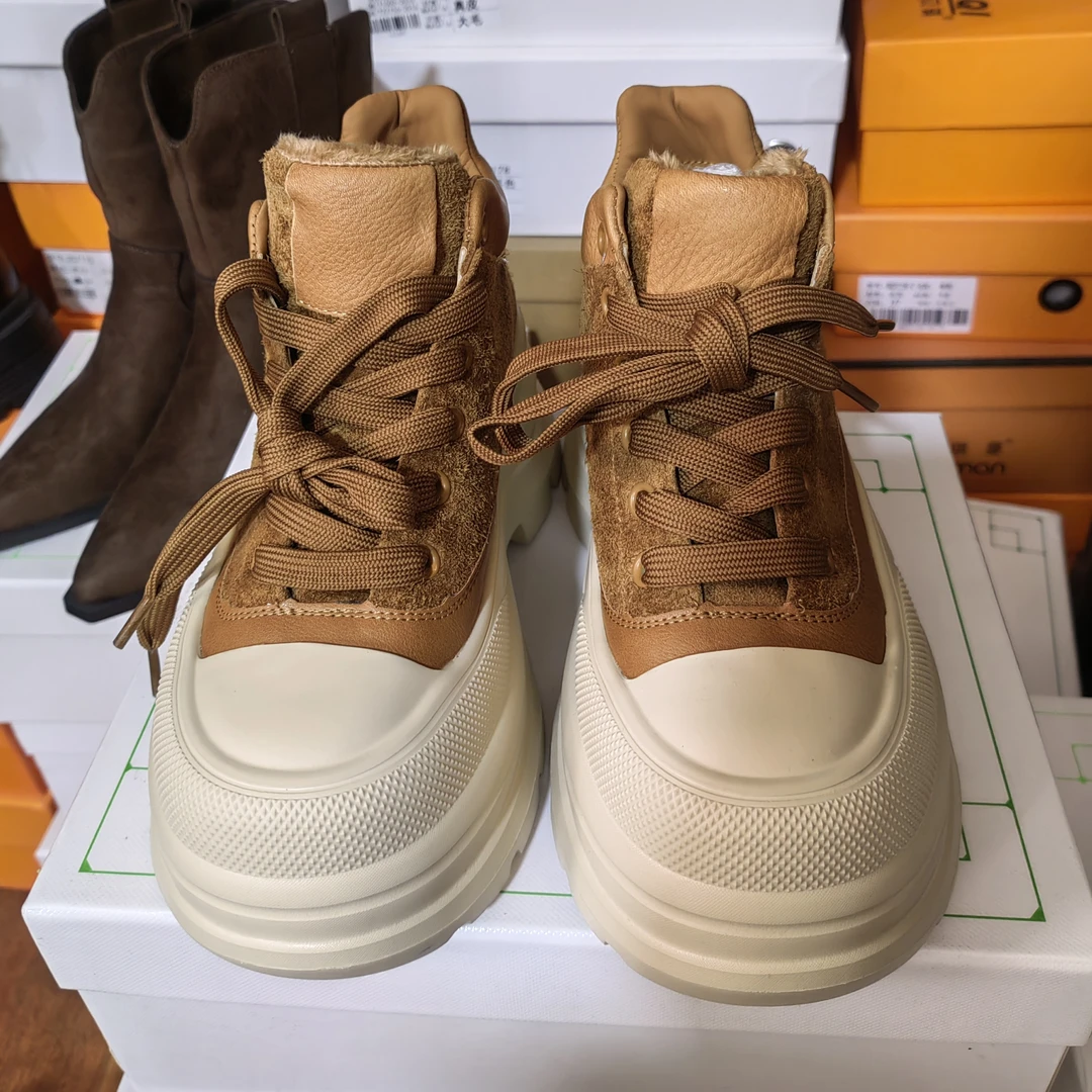 休闲高跟（6-7CM）透气厚底高帮鞋潮流厚底冬季加绒女鞋真皮圆头