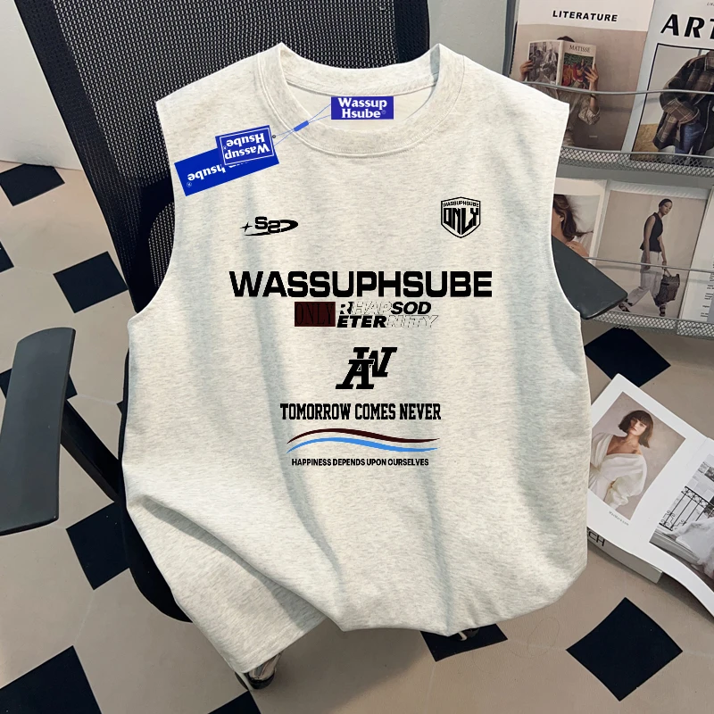 WASSUP夏季ins潮流百搭纯棉无袖T恤背心男款设计小众字母印花上衣