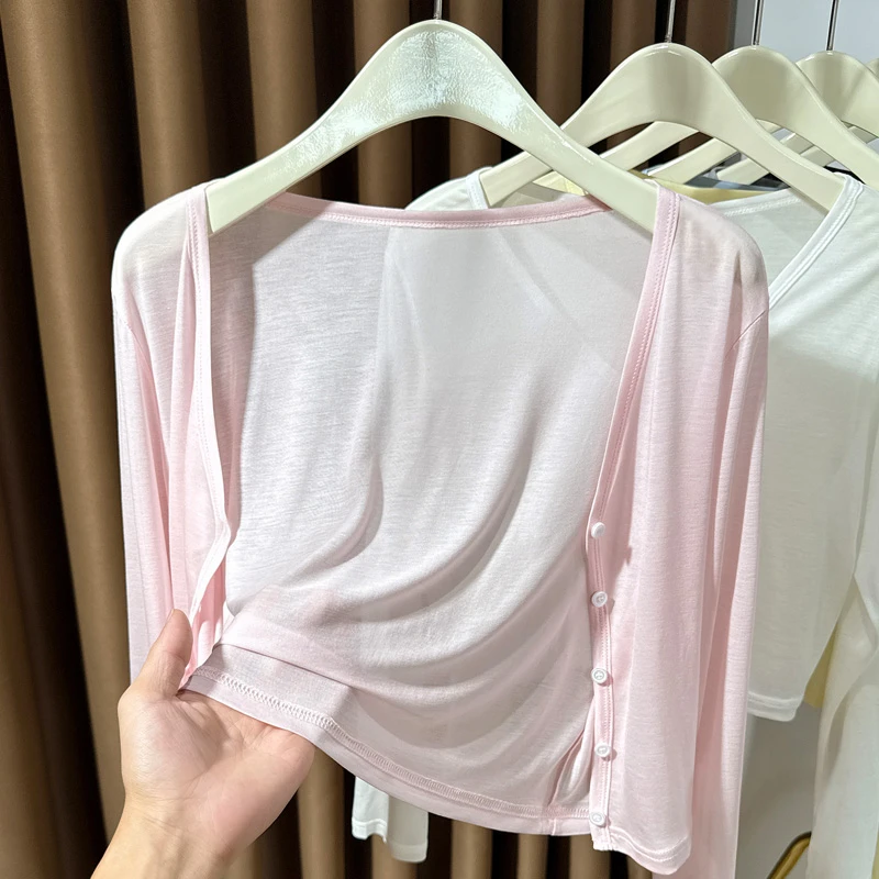 粉色天丝莱赛尔韩版开衫女夏季V领设计感吊带连衣裙外搭冰丝披肩
