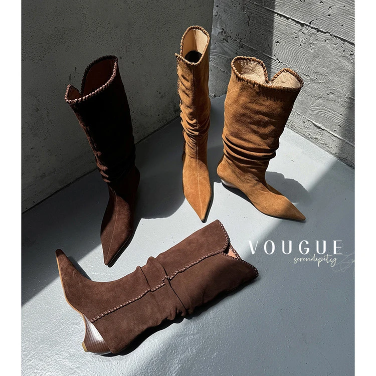 牛皮尖趾西部牛仔靴的妇女利基复古编织v口修长厚跟长靴