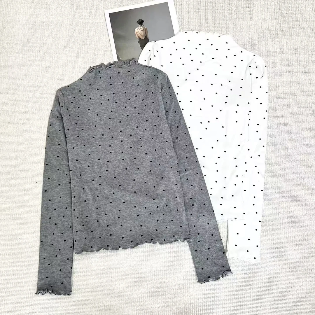 2025网红加绒秋冬设计感通勤百搭拼接波点木耳边T恤长袖打底9227