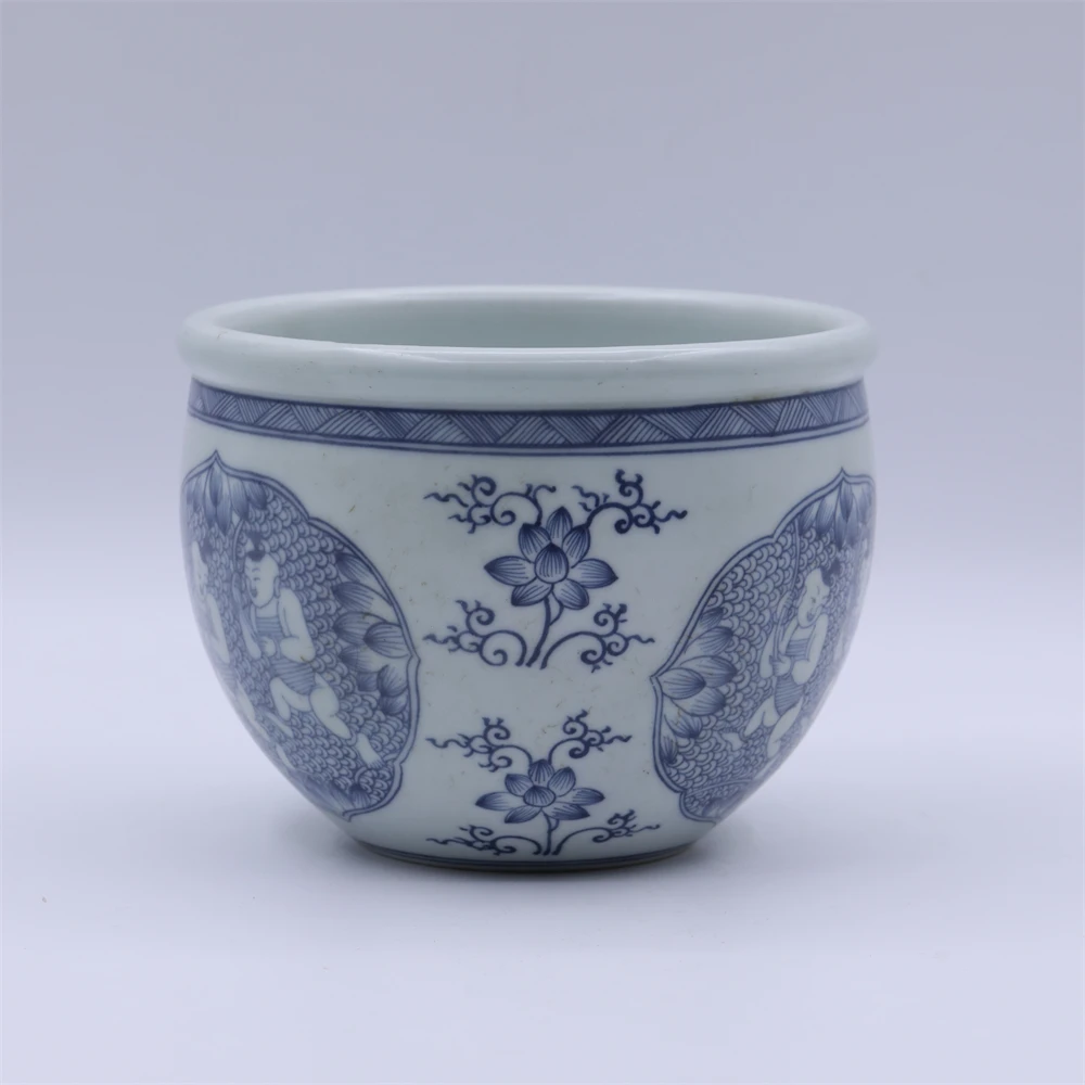 古董/古玩/瓷器青花淡描童子把莲小卷缸LOT3712/老物件