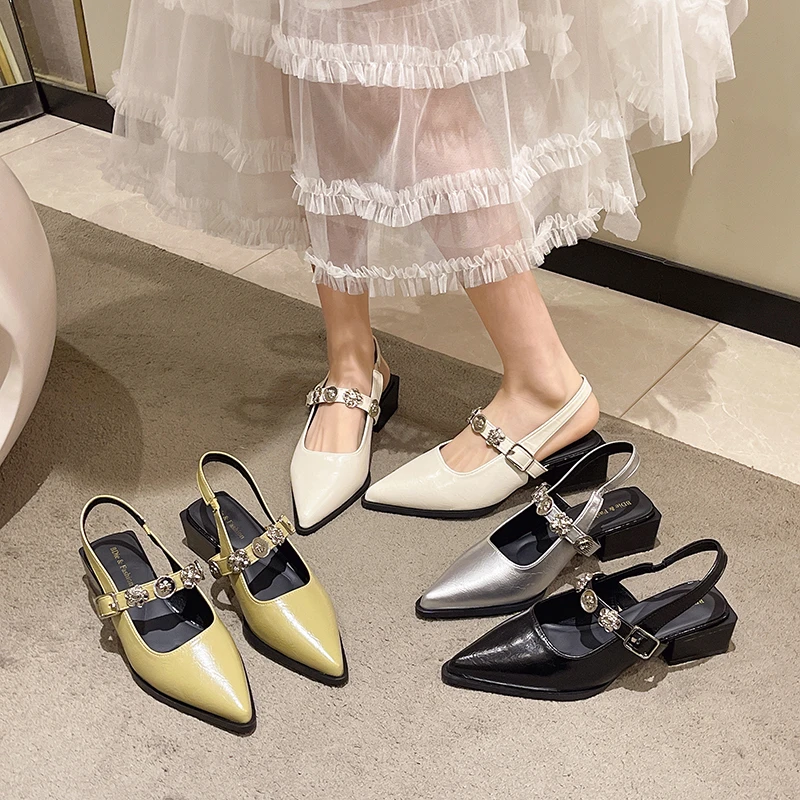 气质法式尖头粗跟玛丽珍女鞋金属扣一字带浅口绝美单鞋
