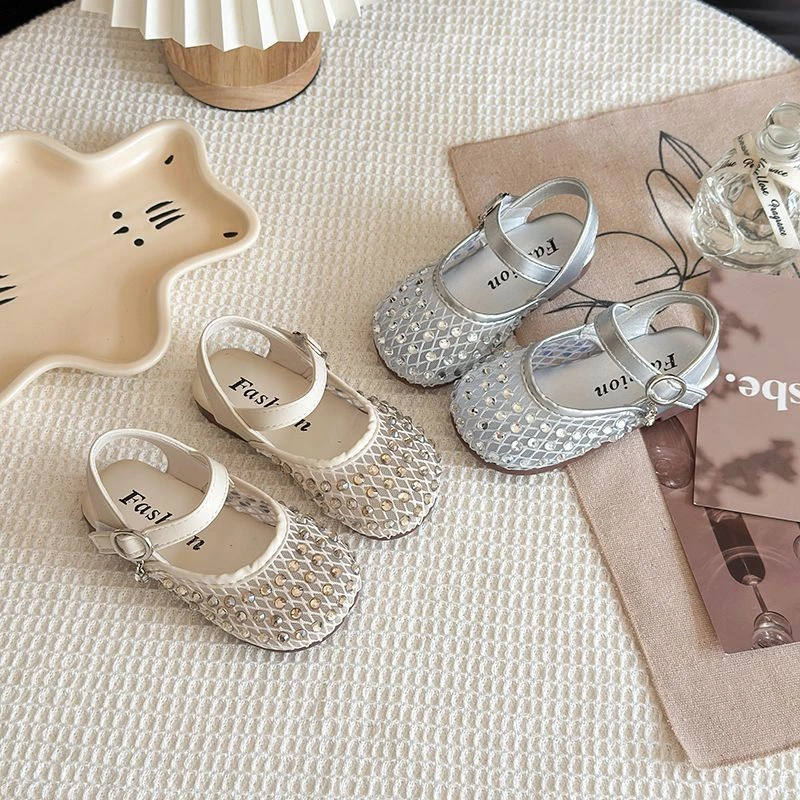 女童凉鞋夏款2025新款女孩网纱水钻公主鞋夏季软底小皮鞋儿童鞋子