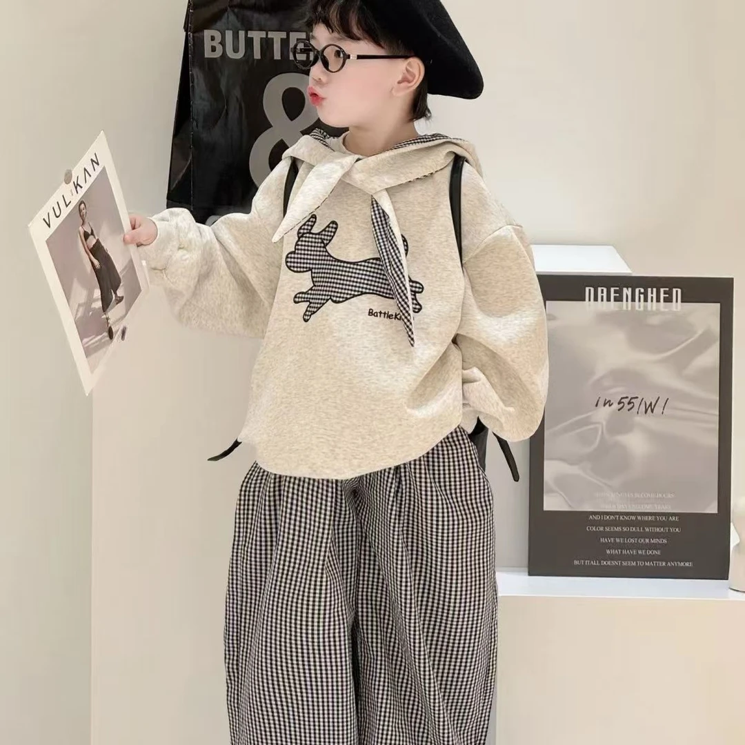 加绒/不加绒儿童卫衣套装2025秋冬季新款小修狗百搭黑白格男装
