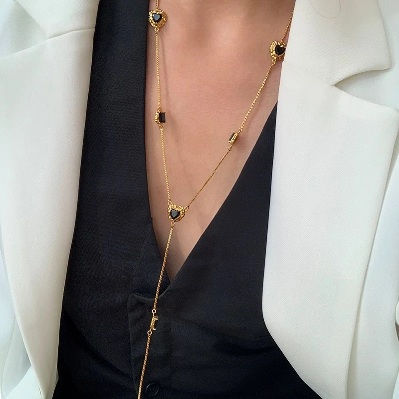 铜合金锆石项链 欧美复古黑色石头超长项链女秋冬时尚项链