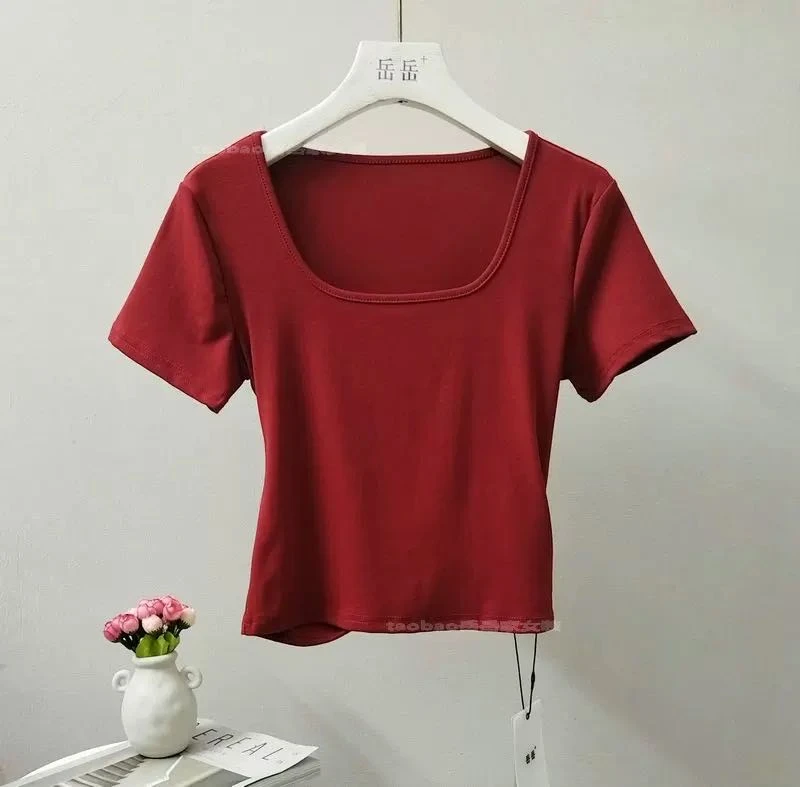 纯色韩版打底衫短袖U领方领修身露脐短袖女装T恤（NO退NO换）
