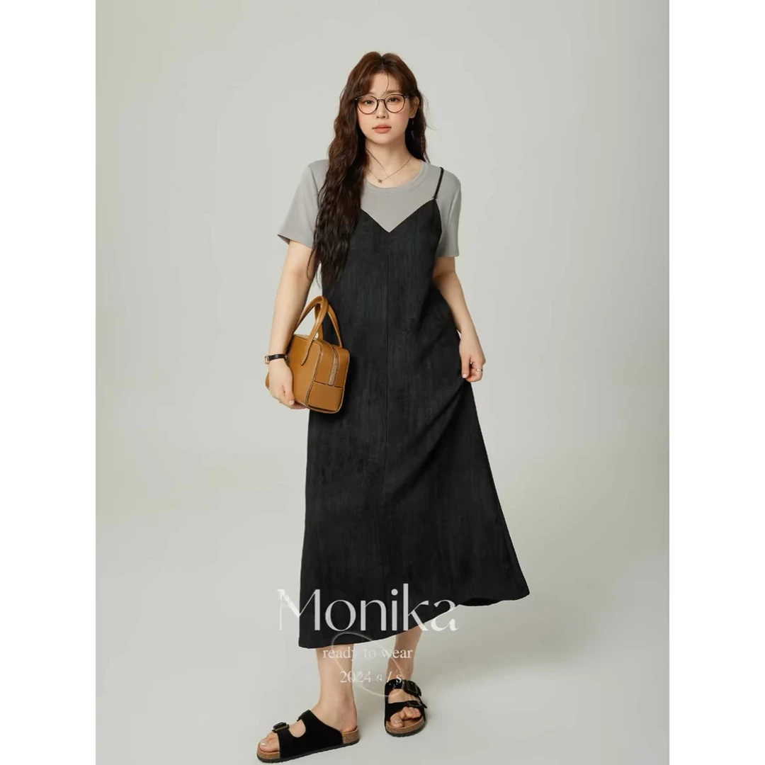 假两件吊带连衣裙女夏季大码遮肚子显瘦洋气减龄欧洲站欧货T恤裙