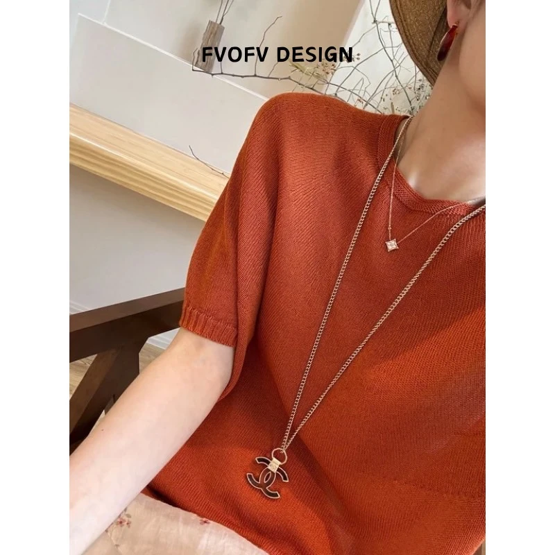 FVOFV（极简主义）高级感无缝一体天丝亚麻中袖慵懒针织衫DY0001-1