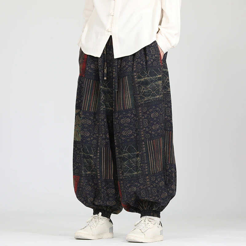 民族风花裤子男秋季中国风大码肥佬灯笼裤宽松复古潮牌阔腿哈伦裤