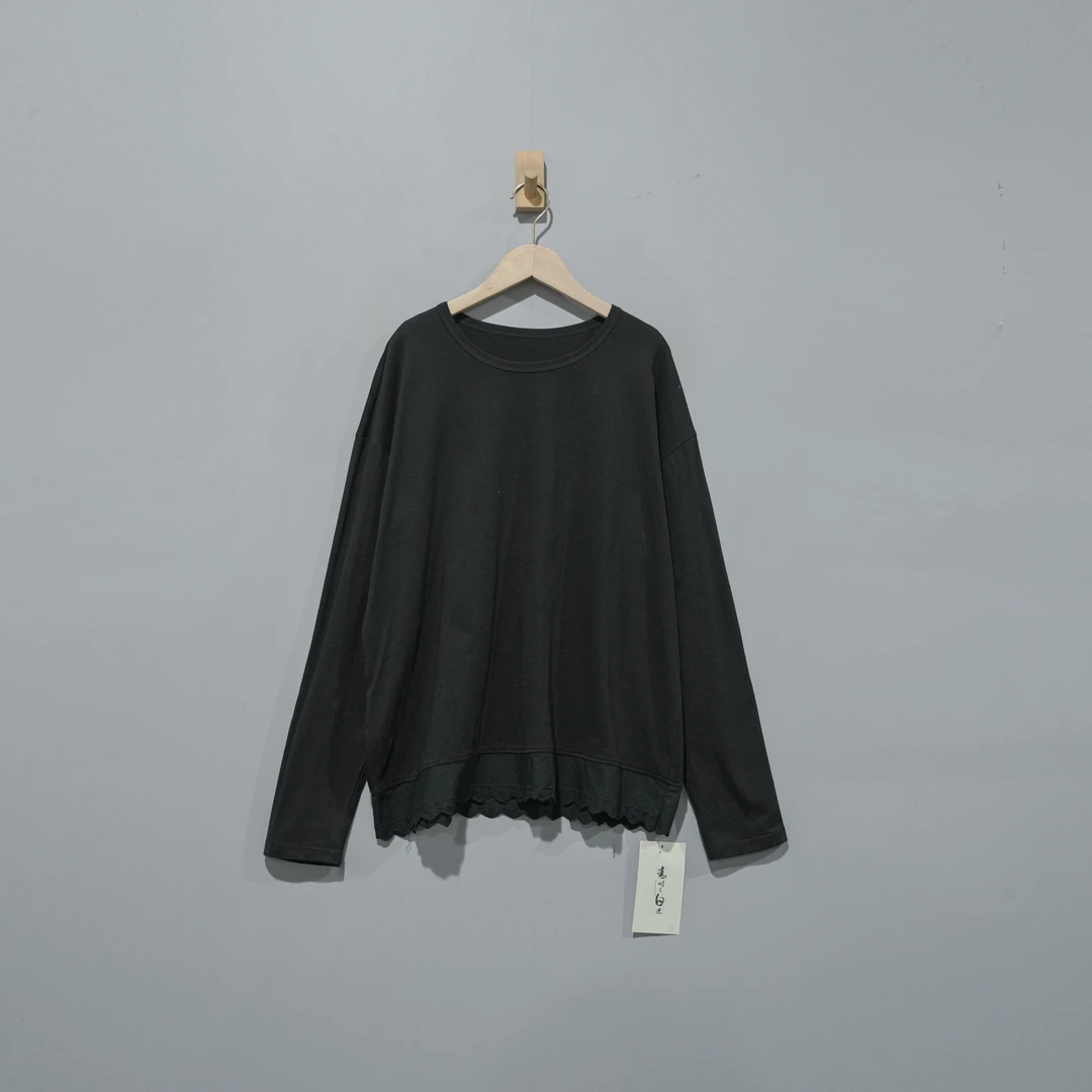 【且听风吟】0113040文艺棉刺绣花边拼接圆领百搭长袖T恤