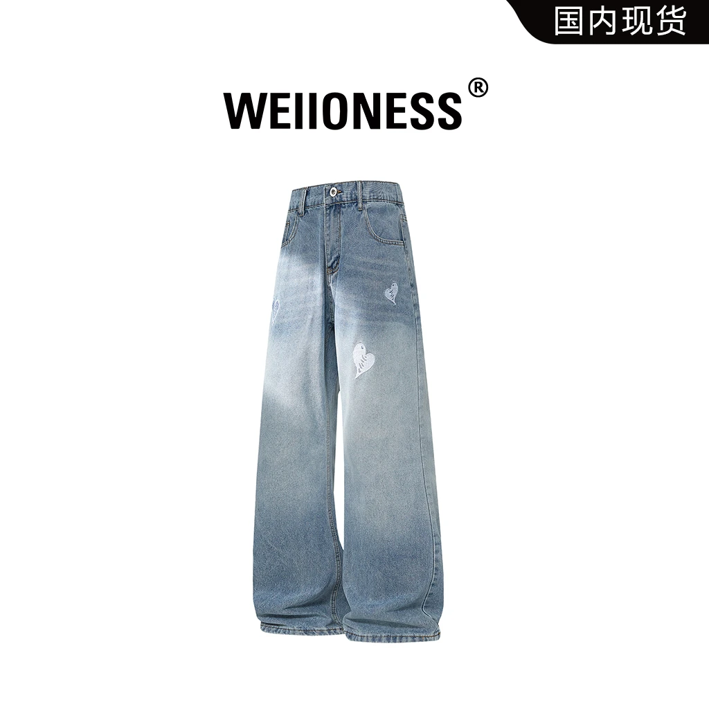WEIIONESS美潮水洗阔腿牛仔裤2026春季新款高街复古刺绣休闲裤男
