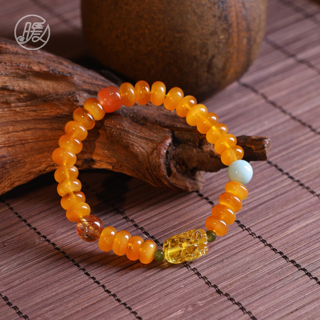 单圈琥珀蜜蜡手串算盘珠手串8mm搭配貔貅手链E6325多样性发一