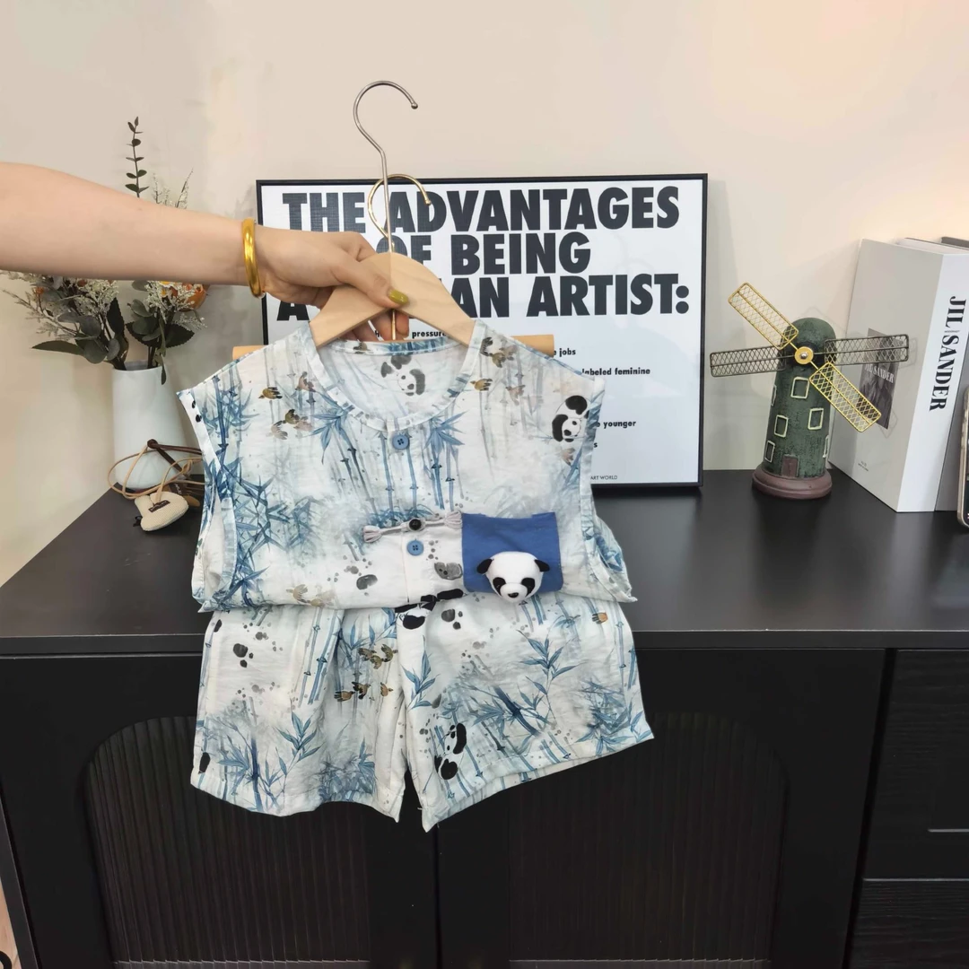 SCBEBE儿童国风套装夏季新款男童韩版满印图案透气薄款AQ010