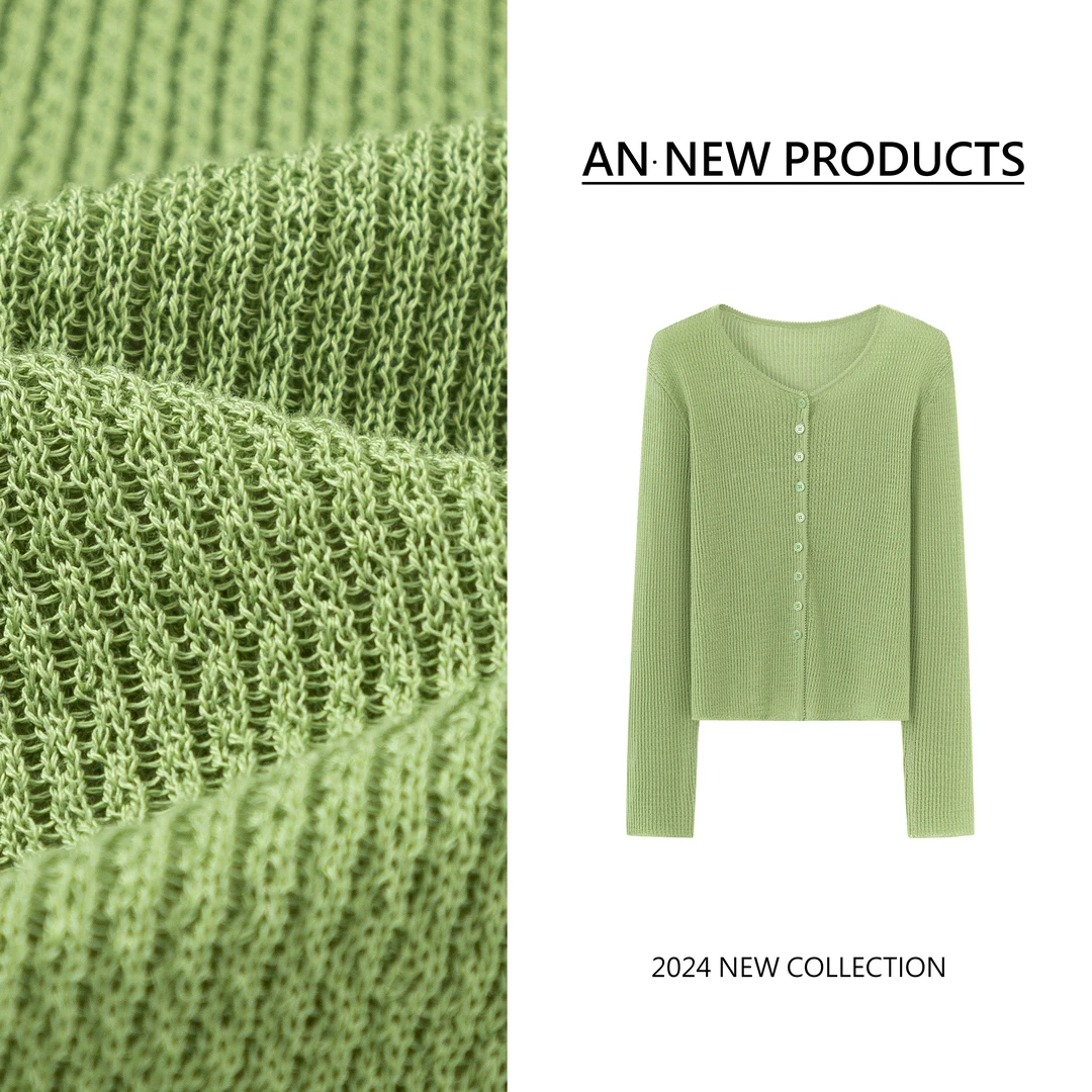 B3221薄荷曼波春夏小众坑条纹绿色镂空针织开衫