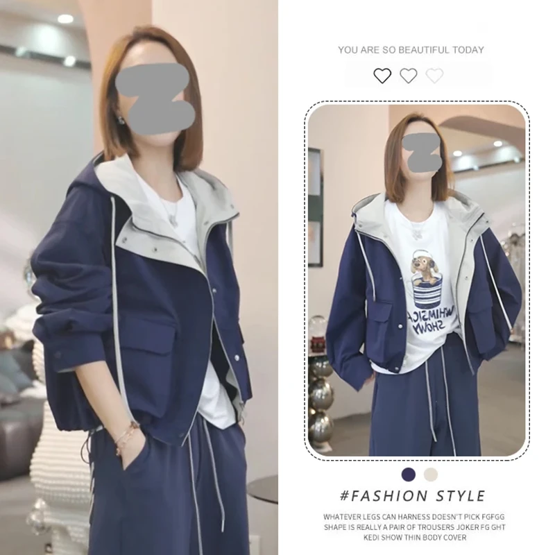 ins风拼色工装连帽外套女2025秋季新款韩版宽松百搭拉链开衫上衣