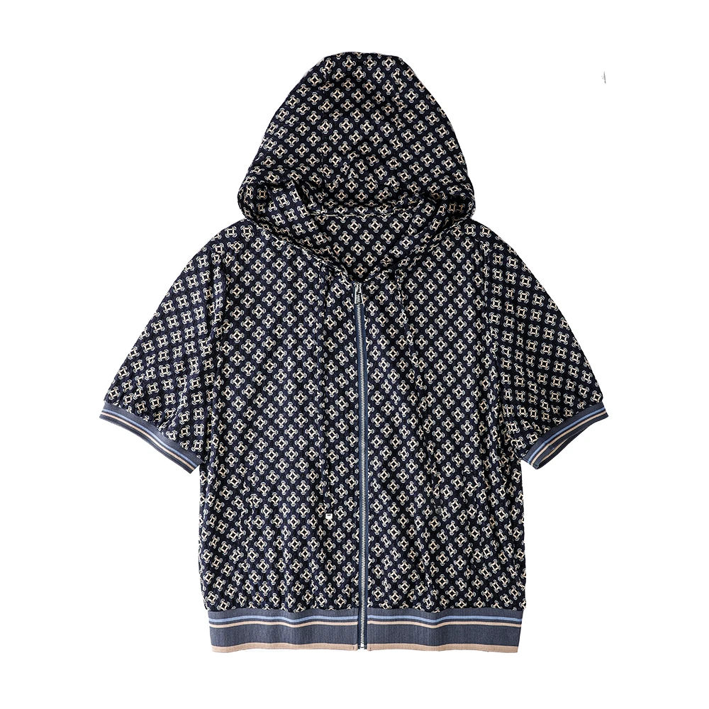 品牌新款桑蚕丝经典宽松连帽印花上衣42189