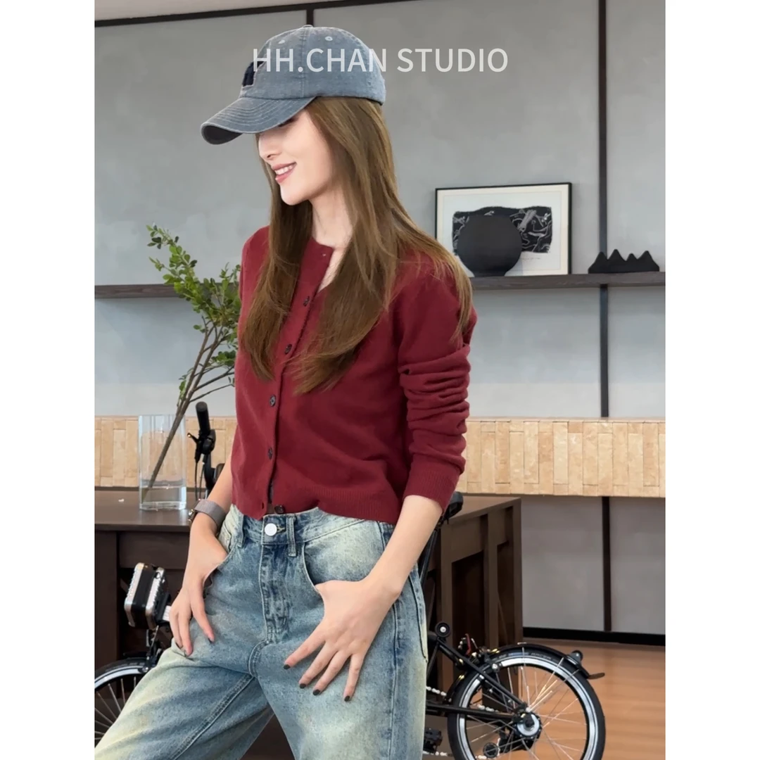 HH.CHAN"番茄'100%绵羊毛复古番茄红显瘦毛衣开衫HH53G38490