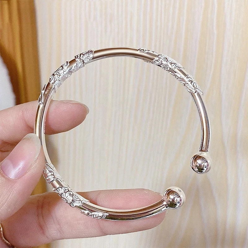 足银手镯 999.9足银32g繁花似錦开口对珠流行爆款女纯银手镯子