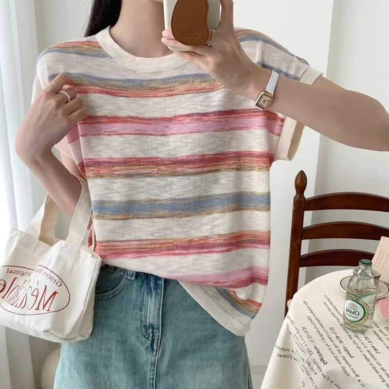 竹节麻冰丝条纹短袖t恤针织衫女夏季小众显瘦时尚洋气短款上衣