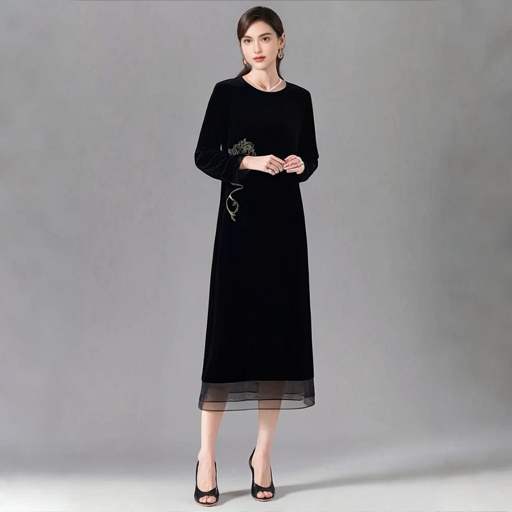 100桑蚕丝丝绒宽松秋冬长袖连衣裙显瘦超百搭女士气质LW 825183