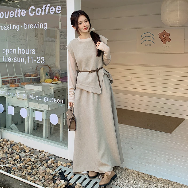 慵懒轻熟风松弛感马甲套装INS裙韩版辣妈长裙搭配T恤半身裙三件套